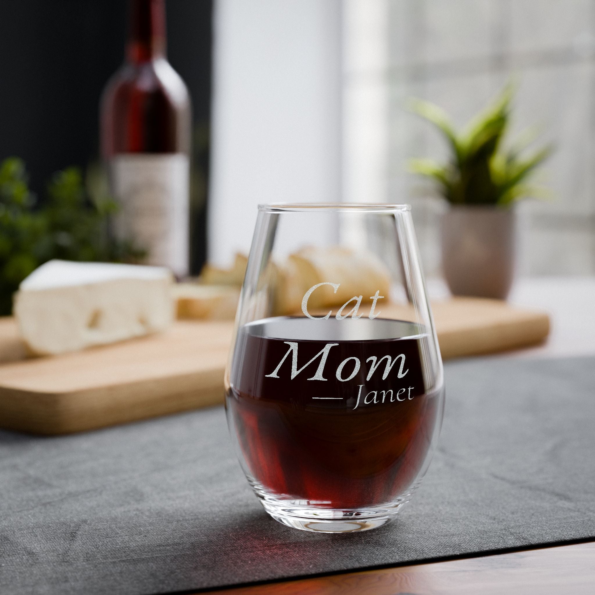 Cat Mom Personalized Stemless Wine Glass | Cat Mom Gift